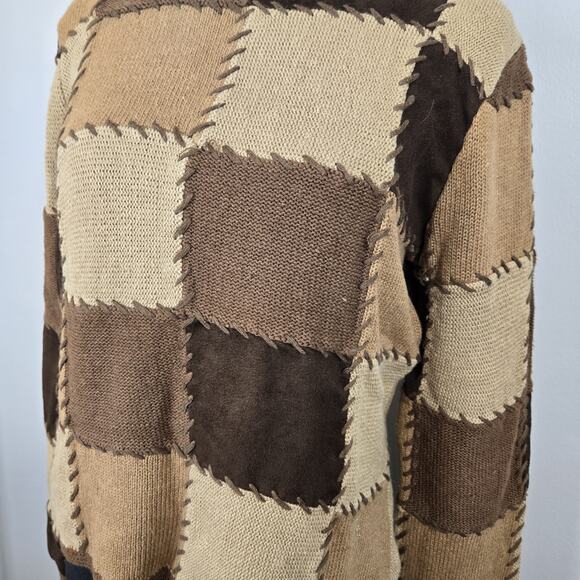 Harolds Linen Cotton Mock Neck Patchwork Sweater Cropped Brown Retro MED 70s Hip - Picture 3 of 11
